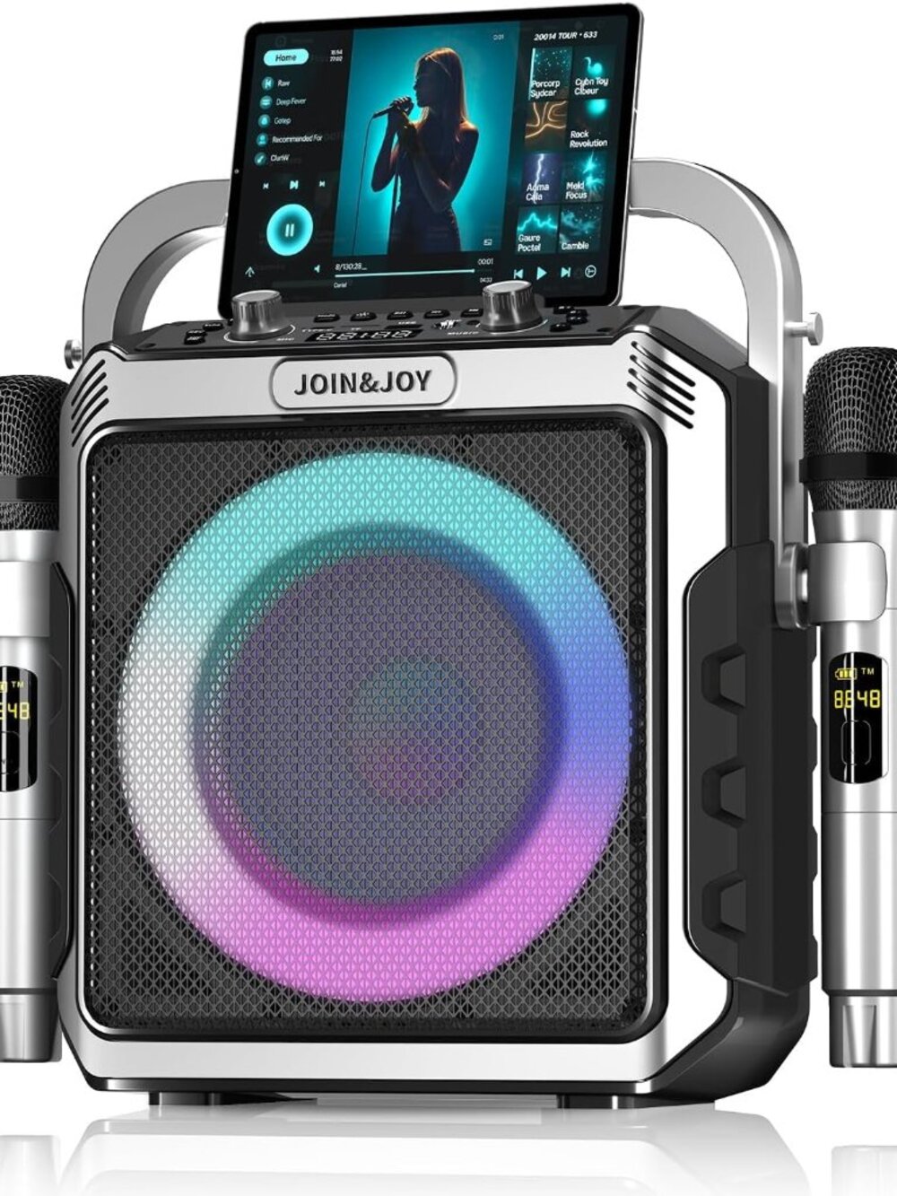 Portable Karaoke Machine Speaker with 2 Wireless Microphones RGB LED Lights